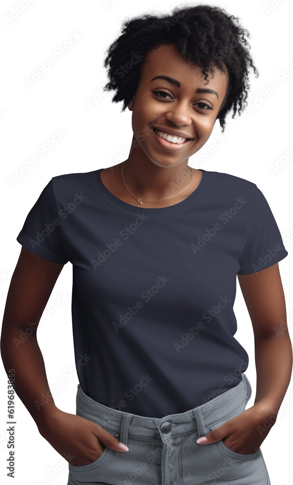 Blue t-shirt mockup on curly african american woman, isolated on background, front, Generative AI Blue t-shirt mockup on curly african american woman, isolated on background, front, Generative AI