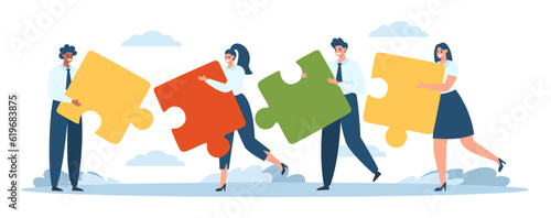 Flat vector illustration. Concept of teamwork, unified purpose. People in sobi office clothes give a big puzzle. . Vector illustration