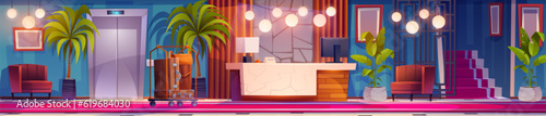 Hotel lobby interior with reception vector cartoon background. Business hall office room with modern desk, checkout area and armchair to sit. Suitcase on trolley service near elevator in corridor