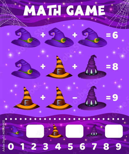 Math game worksheet cartoon witch and wizard hats. Vector mathematics puzzle task or riddle for children education and learning arithmetic with funny wizardry headwear. Calculation skills development