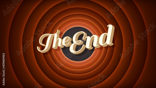 End screen, movie cinema film circle background. Cinema theater background or Hollywood classic 60s screen movie end, cinematography studio vintage backdrop or video industry antique frame