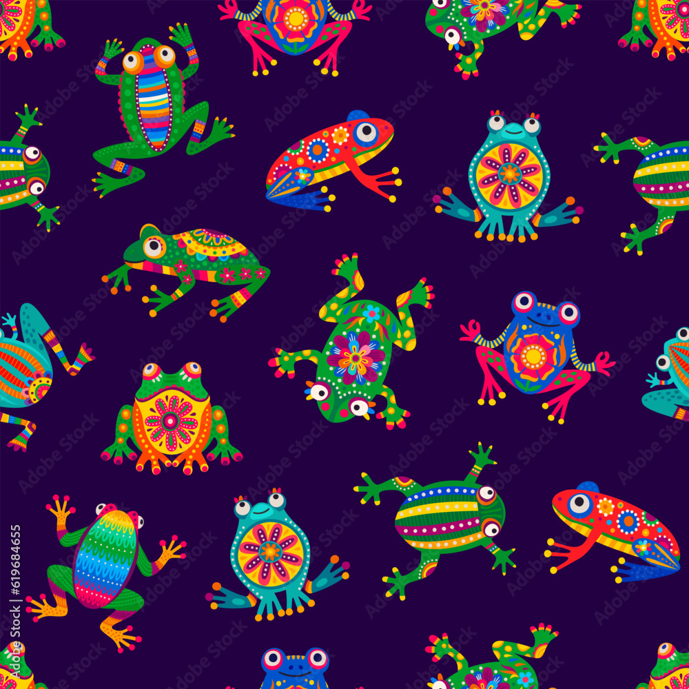 Mexican frogs seamless pattern background with cartoon exotic animals, vector colorful ornament. Mexican or Brazilian Latin pattern with tropical funny cute frogs in alebrije art or floral pattern