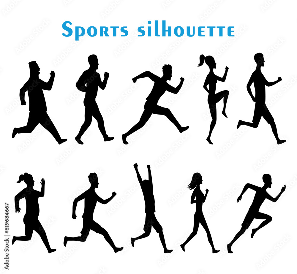 Sport silhouettes men and women set. Runners on sprint human body shape in black color. Vector isolated active people figure