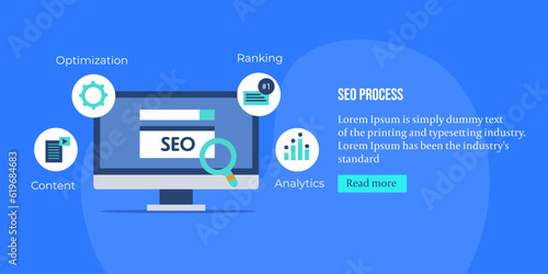 Vector illustration web banner of SEO process steps explained with content creation, web optimization, ranking and web traffic analysis, computer with magnifier. © Sammby