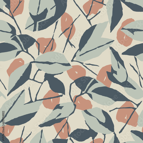 Vector leaf and branches with polka dots illustration seamless repeat pattern