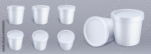 White plastic ice cream bucket container mockup. 3d yogurt paper round cup vector mock up. Clear realistic frozen food packing template for branding pack different view. Isolated mousse tube image