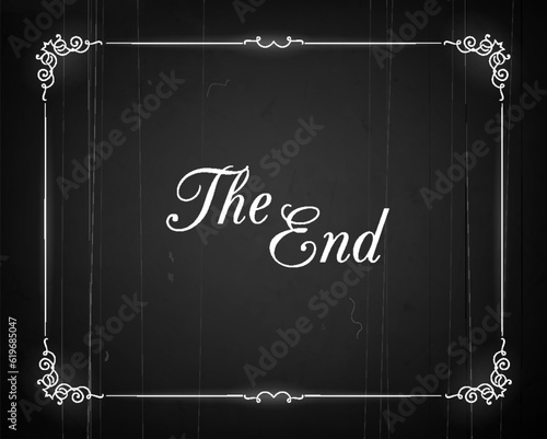 Silent movie cinema film end screen with vintage borders, vector background. Hollywood cinema and retro movie theater The End screen with frame, grunge black poster of silent movie film ending