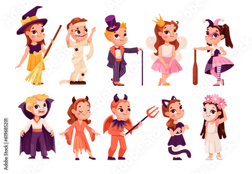 Children in Bright Halloween Costumes Celebrate Holiday Vector Set
