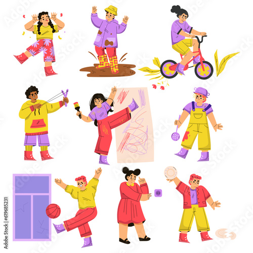 Naughty Children Hooligans Misbehaving Making Mess Vector Set