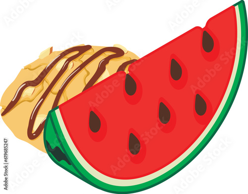 Almond dessert icon isometric vector. Almond cookie near watermelon piece icon. Dessert, food concept