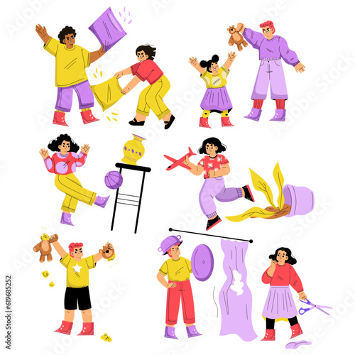 Naughty Children Hooligans Misbehaving Making Mess Vector Set