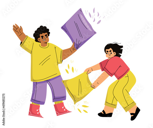 Children Hooligan with Bad Behavior Fighting with Pillow Vector Illustration