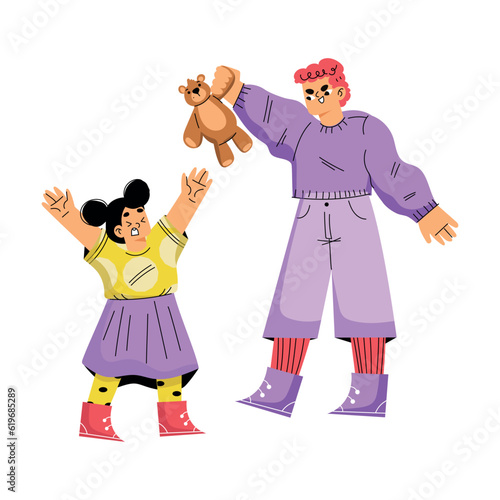 Boy Hooligan with Bad Behavior Teasing Girl Not Giving Her Toy Bear Vector Illustration