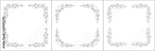 Set of three vector frames with roses. Elegant black and white monochrome ornamental corners. Vector frame for all sizes and formats. Isolated vector illustration.