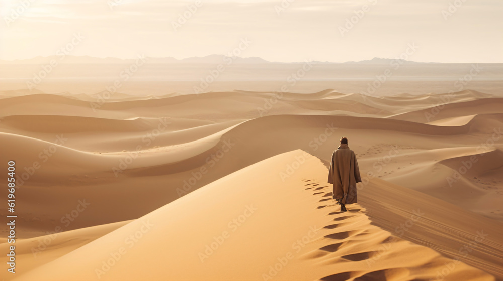 a lonely nomad in the desert landscape with dunes and patterns of sand, fictional landscape created with generative ai