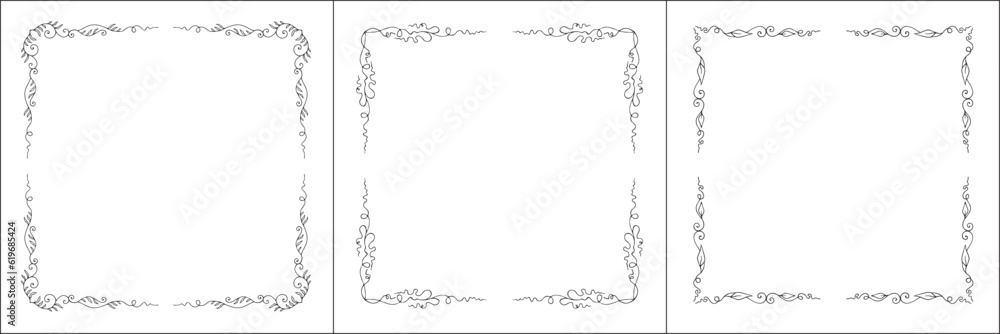 Set of three vector frames. Elegant black and white monochrome ornamental border for greeting cards, banners, invitations. Vector frame for all sizes and formats. Isolated vector illustration. Set of three vector frames. Elegant black and white monochrome ornamental border for greeting cards, banners, invitations. Vector frame for all sizes and formats. Isolated vector illustration.