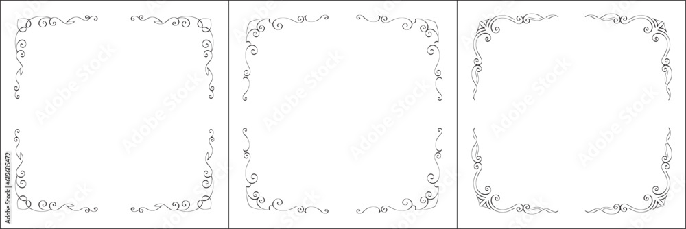 Set of three vector frames. Elegant black and white monochrome ornamental border for greeting cards, banners, invitations. Vector frame for all sizes and formats. Isolated vector illustration. Set of three vector frames. Elegant black and white monochrome ornamental border for greeting cards, banners, invitations. Vector frame for all sizes and formats. Isolated vector illustration.
