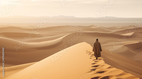 a lonely nomad in the desert landscape with dunes and patterns of sand, fictional landscape created with generative ai