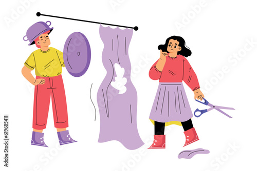 Children Hooligan with Bad Behavior Wearing Pot on Head and Cut Shower Curtains with Scissors Vector Illustration