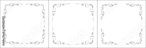Set of three vector frames. Elegant black and white monochrome ornamental border for greeting cards  banners  invitations. Vector frame for all sizes and formats. Isolated vector illustration.