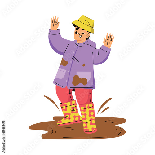 Boy Hooligan with Bad Behavior Splashing in Dirty Puddle Vector Illustration