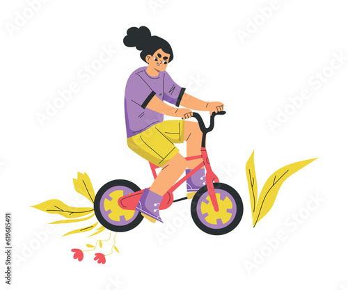 Girl Hooligan with Bad Behavior Riding Bicycle Across Flowers Spoiling Them Vector Illustration