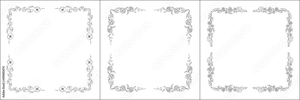 Set of three vector frames with field flowers. Elegant black and white monochrome ornamental corners. Vector frame for all sizes and formats. Isolated vector illustration. Set of three vector frames with field flowers. Elegant black and white monochrome ornamental corners. Vector frame for all sizes and formats. Isolated vector illustration.