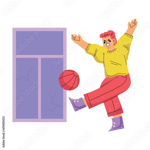 Angry Boy Hooligan with Bad Behavior Throwing Ball Breaking Window Vector Illustration