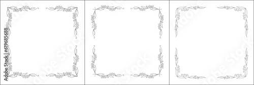 Set of three vector frames with lily of the valley. Elegant black and white monochrome ornamental corners. Vector frame for all sizes and formats. Isolated vector illustration.
