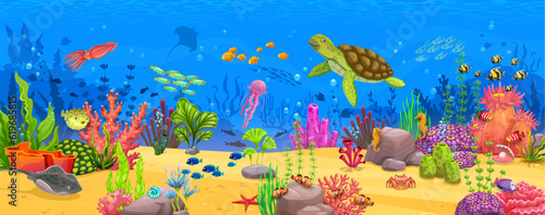 Cartoon underwater landscape with turtle and fish shoal, seaweeds, corals and reefs. Underwater aquatic life landscape, coral reef water world background or sea deep wildlife vector scene or wallpaper