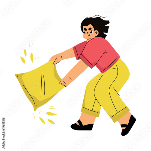 Girl Hooligan with Bad Behavior Fighting with Pillow Vector Illustration
