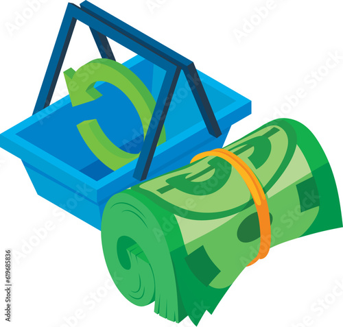 Shopping concept icon isometric vector. Rolled dollar bill and shopping basket. Purchase, finance, money