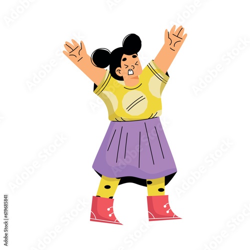 Noisy Little Girl with Raised Hands Claiming Attention Vector Illustration