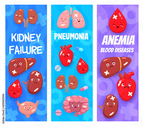 Anemia, pneumonia and kidney failure diseases with cartoon sick body organ characters, vector background. Sick body organs heart with blood drop and lungs with infection for medical healthcare clinic