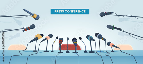 Press conference interview table and microphones. Vector public or mass media event for tv and radio journalists, interview, news report, politics debate or presentation. Cartoon press conference room