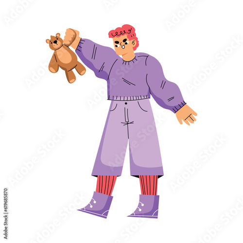 Boy Hooligan with Bad Behavior Teasing Somebody with Toy Bear Vector Illustration