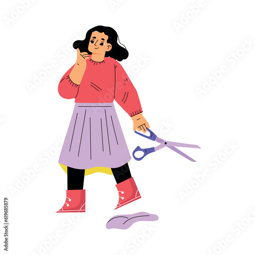 Girl Hooligan with Bad Behavior Cut Something with Scissors Vector Illustration