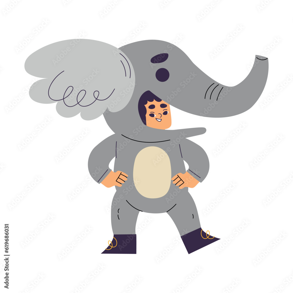 Obraz premium Little Girl Character Wearing Elephant Animal Costume Having Fun Vector Illustration