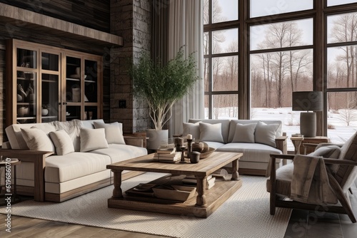 Interior design of modern living room with rustic furniture in farmhouse © XtzStudio