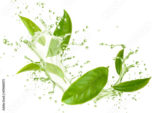 Green tea leaves, wave splash and drops. Isolated 3d vector herbal drink with fresh foliage cascade in transparent aqua with splashing droplets, encapsulating the essence of freshness and invigoration