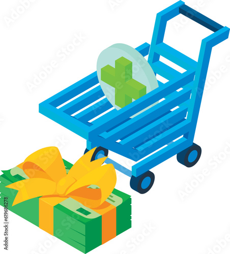 Offline shopping icon isometric vector. Dollar banknote stack and shop cart icon. Business, money, shopping concept photo