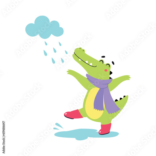 Cute Crocodile in Rainy Day Walking in Scarf and Rubber Boots Vector Illustration