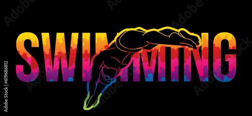 Swimming Text with Swimmer Cartoon Sport Graphic Vector