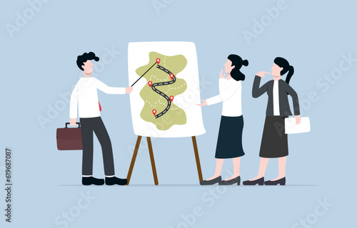 Business roadmap, strategic plan to achieve goal, setting clear direction and timeline for growth and development concept, Business teammates planning road map of success.