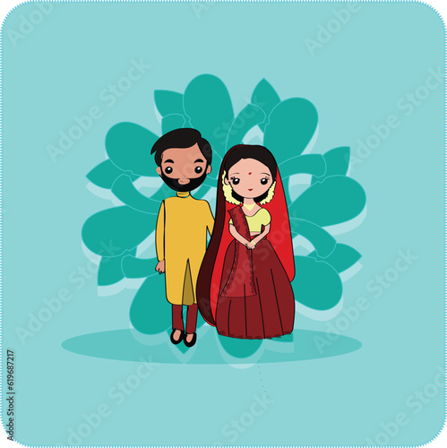 Bride and Groom Character, Wedding Day. Indian Romantic Couple Character in Standing Pose. 