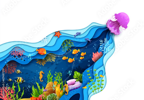 Cartoon underwater sea landscape paper cut. Jelly fish, fish shoal and seaweeds whimsical and imaginative vibrant scene with intricate papercut art. 3d vector frame with undersea world and marine life