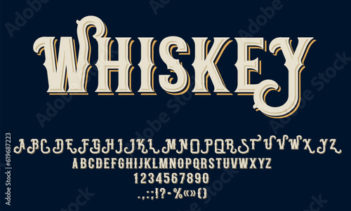 Fotografiet Vintage whiskey font, absinthe type, alcohol label typeface, gin and beer alphabet