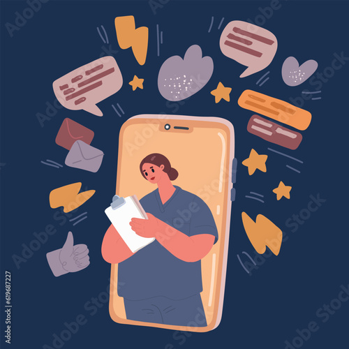 Vector cartoon illustration of smartphone screen with female therapist on online consultation. Ask doctor. Online medical advise or consultation service, tele medicine, cardiology