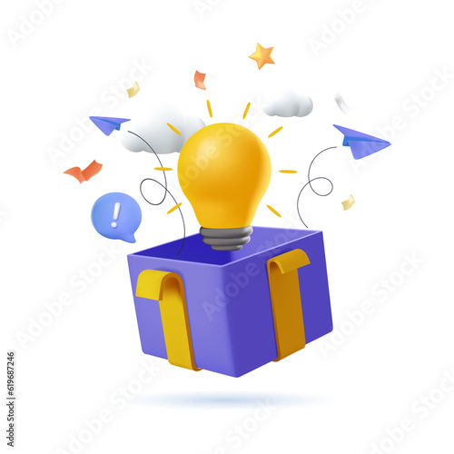 3D creativity and inspiration, idea and imagination, innovation and discovery, think outside the box. Think big, ambition to success. 3D vector render illustration