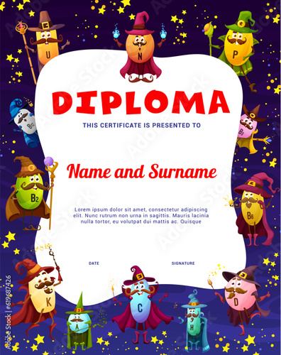 Halloween kids diploma. Vitamin and micronutrient mage and warlock characters. Child graduation certificate, school education vector diploma with N, U, B2 and D, C, K vitamins sorcerers cute personage